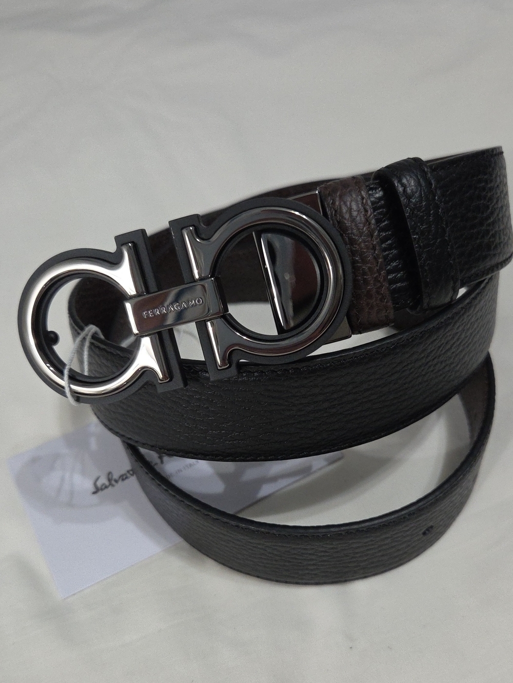 Salvatore Ferragamo Black Brown Belt Daek Silver Double-Gancini Buckle